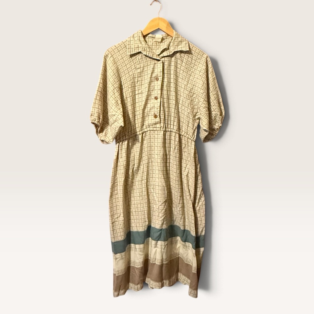 Vintage Plaid Midi Dress Tan Neutral Color Block Border Cottagecore Boho Prairie